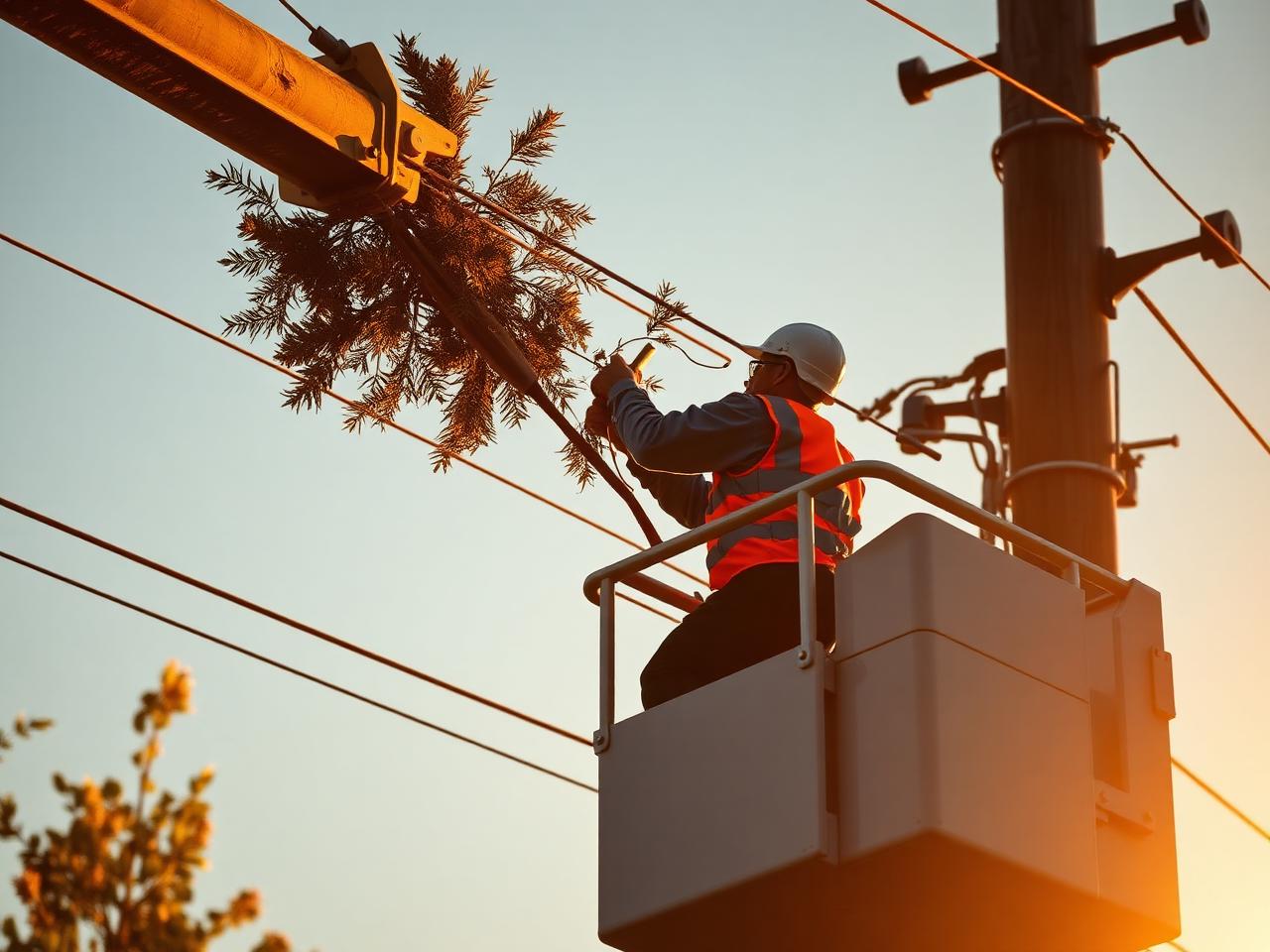 ACE crew member working in aerial bucket near power line